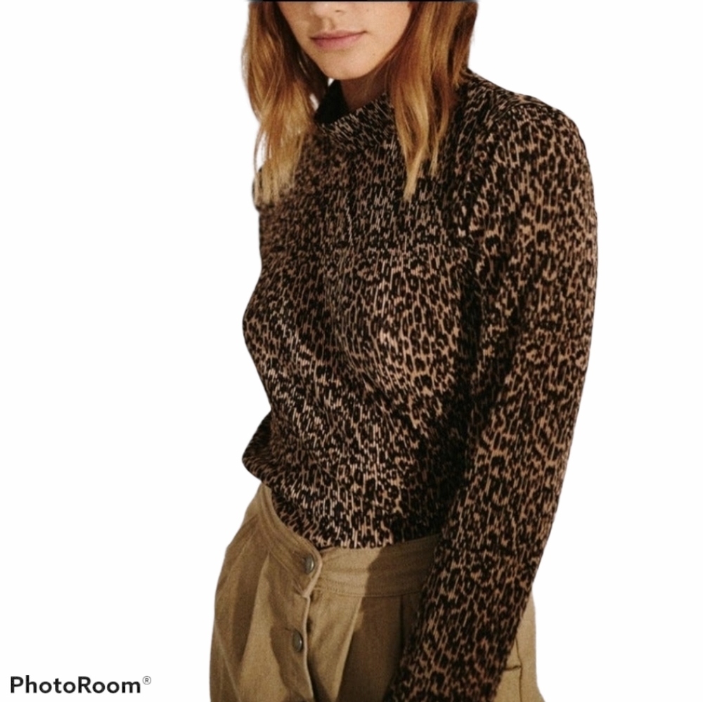 The Fifth Label Black Brown Leopard Mock Neck Long Sleeves Top NWOT